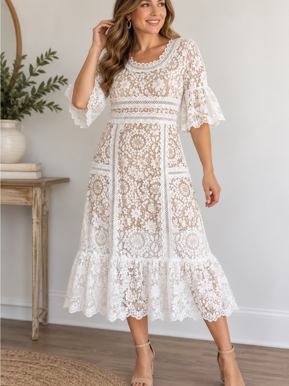 NWT Ticha White Lace Midi Dress Bridal Shower Rehearsal Boho